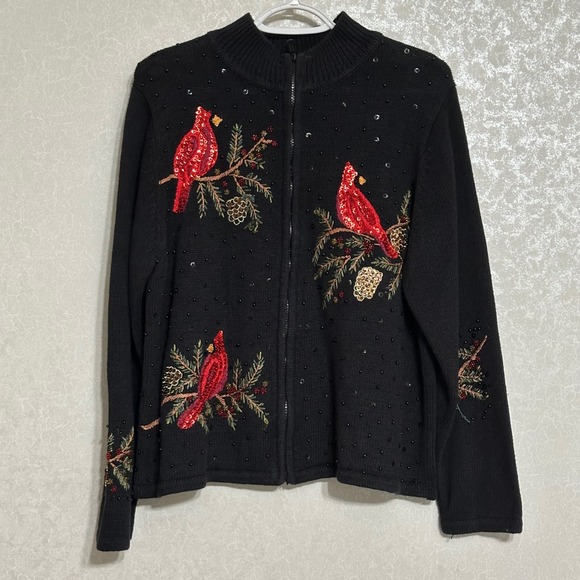 Tiara International Sweaters - Tiara International Cardinal Embroidered Zip Cardigan Ramie Cotton Black VTG XL